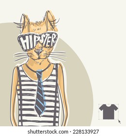 Hand Drawn Fashion Portrait Of Hipster Cat, Eps 10 Vector Illustration