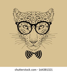 Hand Drawn Fashion Portrait of Leopard Hipster isolated on background