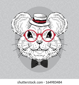 Hand Drawn Fashion Portrait of Mouse in Boater and Retro Glasses isolated on background