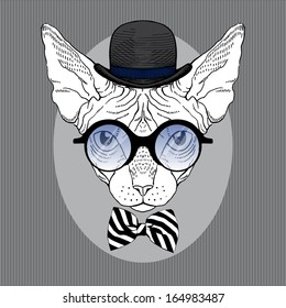 Hand Drawn Fashion Portrait of Sphinx Hipster in Bowler Hat and Round Glasses isolated on background