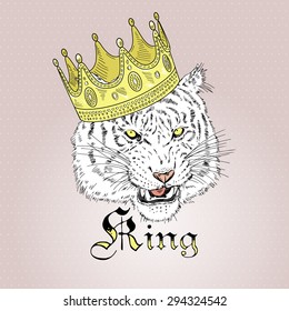 hand drawn fashion portrait of tiger in crown, t-shirt design