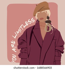 Hand Drawn Fashion Portrait with You Are Limitless Slogan for Tshirt Graphic Vector Print