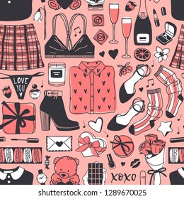 Hand drawn Fashion Seamless patterm with Romantic Objects and wear. Creative ink art work. Actual vector drawing of Holiday things. Happy Valentine's Day Illustration
