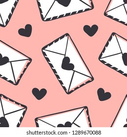 Hand drawn Fashion Seamless pattern with Romantic letter isolated. Creative ink art work. Actual vector drawing of Holiday things on pink background. Happy Valentine's Day Illustration