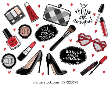 Hand drawn fashion set. Collection of cosmetics: Nail polish, mascara, lipstick, eye shadows, brush, lip gloss. Woman shoes, clutch, sunglasses. handwritten lettering