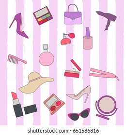 Hand drawn fashion set. Collection of cosmetics: Nail polish, mascara, lipstick