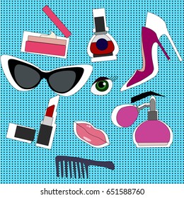 Hand drawn fashion set. Collection of cosmetics: Nail polish, mascara, lipstick