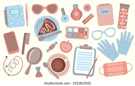 Hand drawn fashion set of women's accessories, cosmetics, sweets, gadgets, etc. Vector illustration with gloves, make up tools, glasses, face mask, phone, coffee, cake, etc.