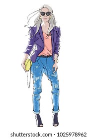 Hand drawn fashion sketch. Beautiful girl in fashionable jacket, jeans with yellow clutch. Young woman with long hair in casual clothing. Vector illustration isolated on white.