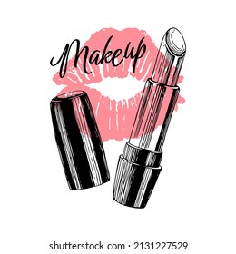 Hand drawn fashion sketch makeup lipstick. Vector illustration isolated on white.