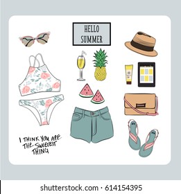 Hand drawn fashion vector illustration. Summer outfit collection feminine set with accessories and flower.