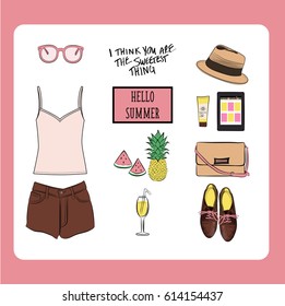 Hand drawn fashion vector illustration. Summer outfit collection hipster woman set with accessories and flower.
