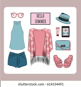 Hand drawn fashion vector illustration. Summer outfit collection girly set with accessories and flower.