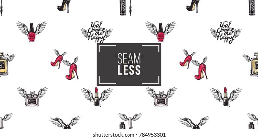 Hand drawn fashion woman accessories with angel wings. Glamour fashion seamless pattern in graphic style. Endless pattern with white background.