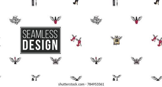 Hand drawn fashion woman accessories with angel wings. Glamour fashion seamless pattern in graphic style. Endless pattern with white background.