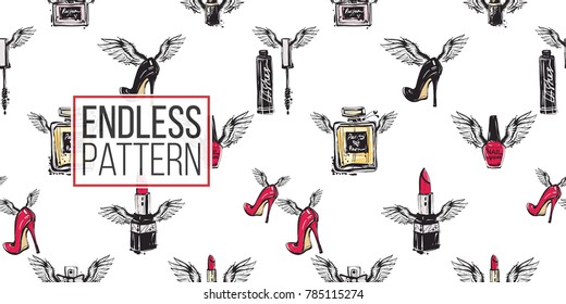 Hand drawn fashion woman accessories with angel wings. Glamour fashion seamless pattern in graphic style. Endless pattern with white background.
