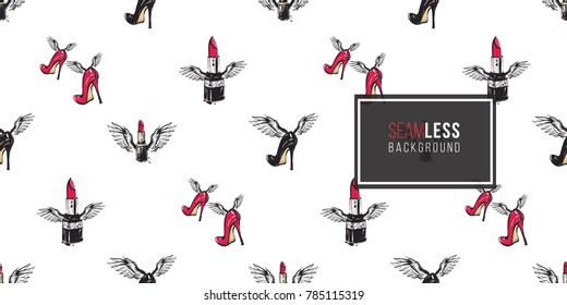 Hand drawn fashion woman accessories with angel wings. Glamour fashion seamless pattern in graphic style. Endless pattern with white background.