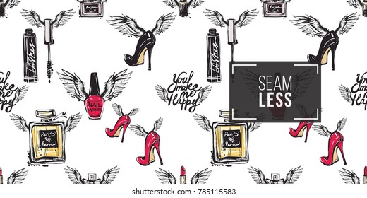 Hand drawn fashion woman accessories with angel wings. Glamour fashion seamless pattern in graphic style. Endless pattern with white background.