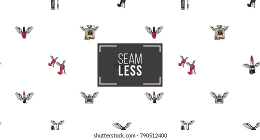 Hand drawn fashion woman accessories with angel wings. Glamour fashion seamless pattern in graphic style. Endless pattern with white background.