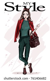 Hand drawn fashion woman with bag. Stylish beautiful young woman with sunglasses. Fashion model posing. Sketch.