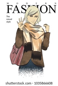 Hand drawn fashion woman in knitted hat. Stylish beautiful young hipster woman portrait. Cute girl in winter clothes. Fashion sketch.