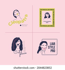 Hand drawn fashion woman logo template set. Doodle style vector illustration.