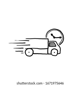 hand drawn fast delivery truck icon, express delivery, quick move, line symbol on white background vector