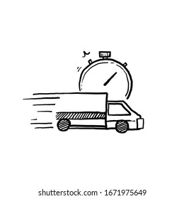 hand drawn fast delivery truck icon, express delivery, quick move, line symbol on white background vector