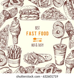 Hand drawn fast food background illustration. Vector banner fast food with burger and beverage, poster menu fast food