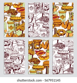 Hand Drawn Fast Food Backgrounds. Vector Cards, Notes and Banners with Food Doodles in Retro Style.