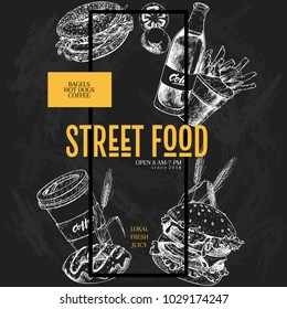 Hand drawn fast food banner. Street food creative flyer. Burger, soda, bagel, french fries, coffee and donut, wheat, tomato. Chalkboard vector illustration. restaurant, menu street flyer poster