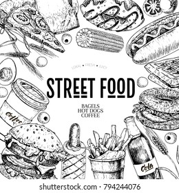 Hand drawn fast food banner. Street food bakery. Burger, hot dog, french fries, pizza, coffee, soda, bagel, donut, waffel. engraved vector illustration. restaurant, menu street food flyer poster