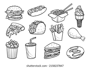 Hand drawn fast food and beverage in doodle style