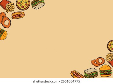 Hand drawn fast food border illustration with sandwich, hot dog, and empty copy space