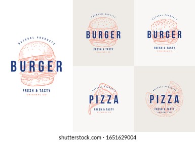 Hand drawn fast food, burger and pizza vector set illustration. Set of vector labels, logo, stickers.