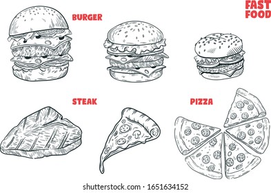 Hand drawn fast food, burger, steak and pizza.