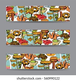 Hand Drawn Fast Food Collage Backgrounds. Vector Cards, Notes and Banners with Food Doodles in Retro Style.