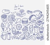 Hand drawn fast food collection. Featuring Muffins, Pancakes, Fried chicken, Tex-Mex, Milkshakes and more. perfect vector illustration