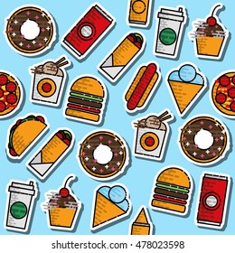 Hand drawn fast food colored pattern