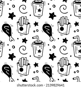 Hand Drawn Fast Food Combo Seamless Pattern. Comic Doodle Sketch Style. Vector Fast Food Illustration. Sketch Of Chicken's Leg, Paper Cup Of Beverage, French Fries Box And Star.