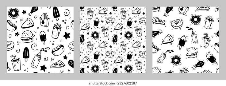 Hand drawn fast food combo. Set of fast food seamless patterns. Comic doodle style. Vector Fast food illustration. Sketch of various fast food snacks.