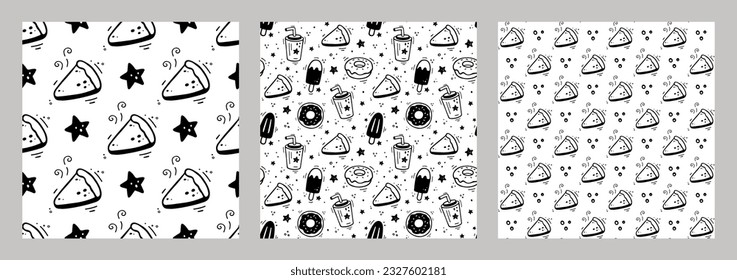 Hand drawn fast food desserts. Set of desserts seamless patterns. Sketch of sweet snacks - ice cream, donuts, pie, milkshake. Vector Fast food illustration in doodle style. Fast food collection.