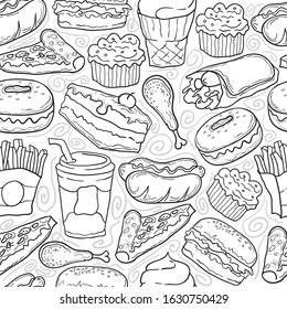 Hand drawn of fast food doodle seamless pattern. Black and white line art illustration