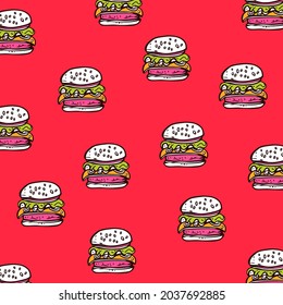 Hand drawn fast food doodle pattern. Burger background. Vector 