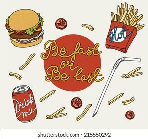 Hand drawn fast food doodle set