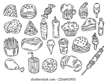 Hand Drawn Fast Food Doodle Vector Set  Vector Illustration