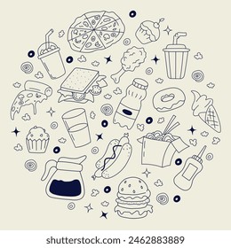 Hand drawn fast food doodle vector silhouettes. Outline vector illustration for cafe or diner. Background with snacks and drinks