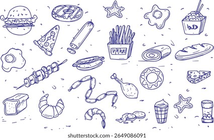 Hand drawn fast food doodle set with burger, pizza, sausage, fries, egg, bread, cheese, donut, kebab, shrimp, and ice cream. Cartoon snack illustration for menu, design, or pattern.