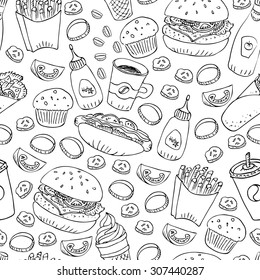 Hand drawn fast food doodle seamless pattern. Black and white ink illustration. Hot dog, burger, fries, roll, soda, coffee and cupcake for menu and web design and package.