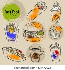 Hand drawn fast food doodle set. Black line art ink illustration with colorful paint splashes. Hot dog, burger, fries, soda, coffee and dessert for menu and web design.